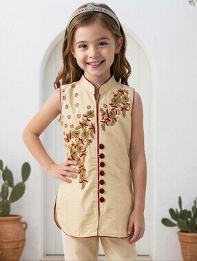 Barbo Girls Gold Embroidered Kurta Tunic Indian Pakistani Kameez Size 26 Medium